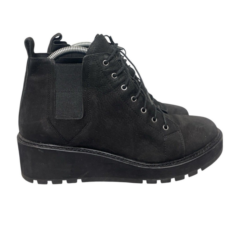 Eileen Fisher Platform Wedge Boots Womens 10 Black Leather Lace Up Lug Sole